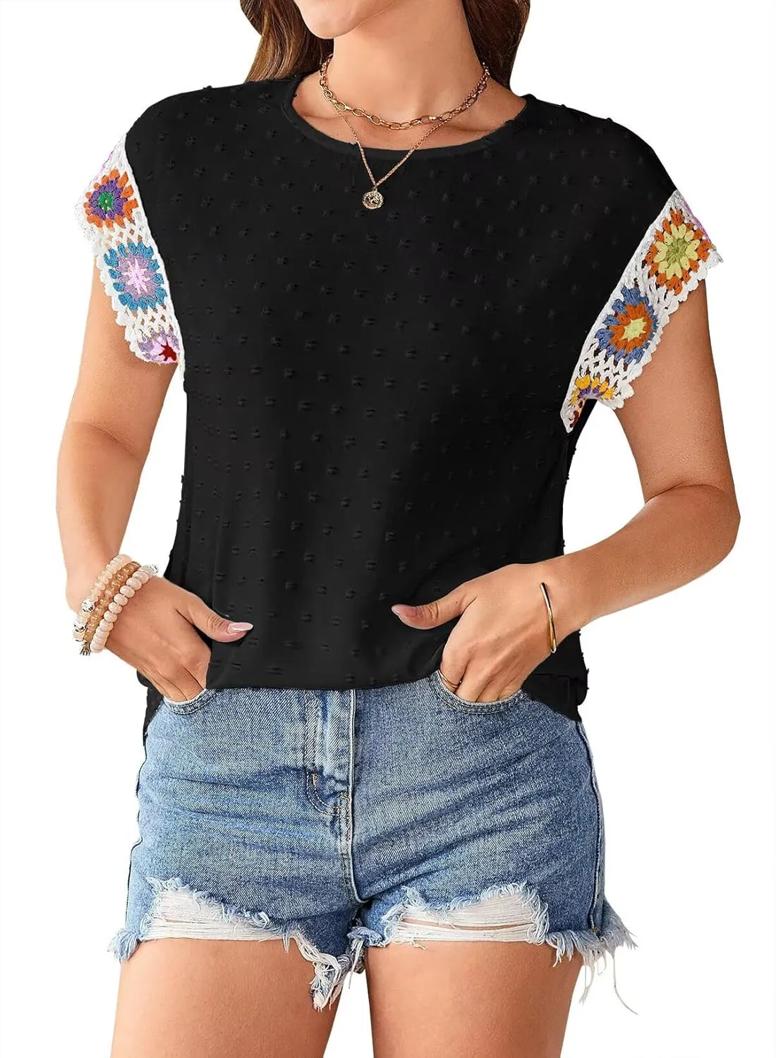 Womens Summer Tops 2025 Boho Tops for Women Color Crew Neck Short Sleeve Casual Blouse