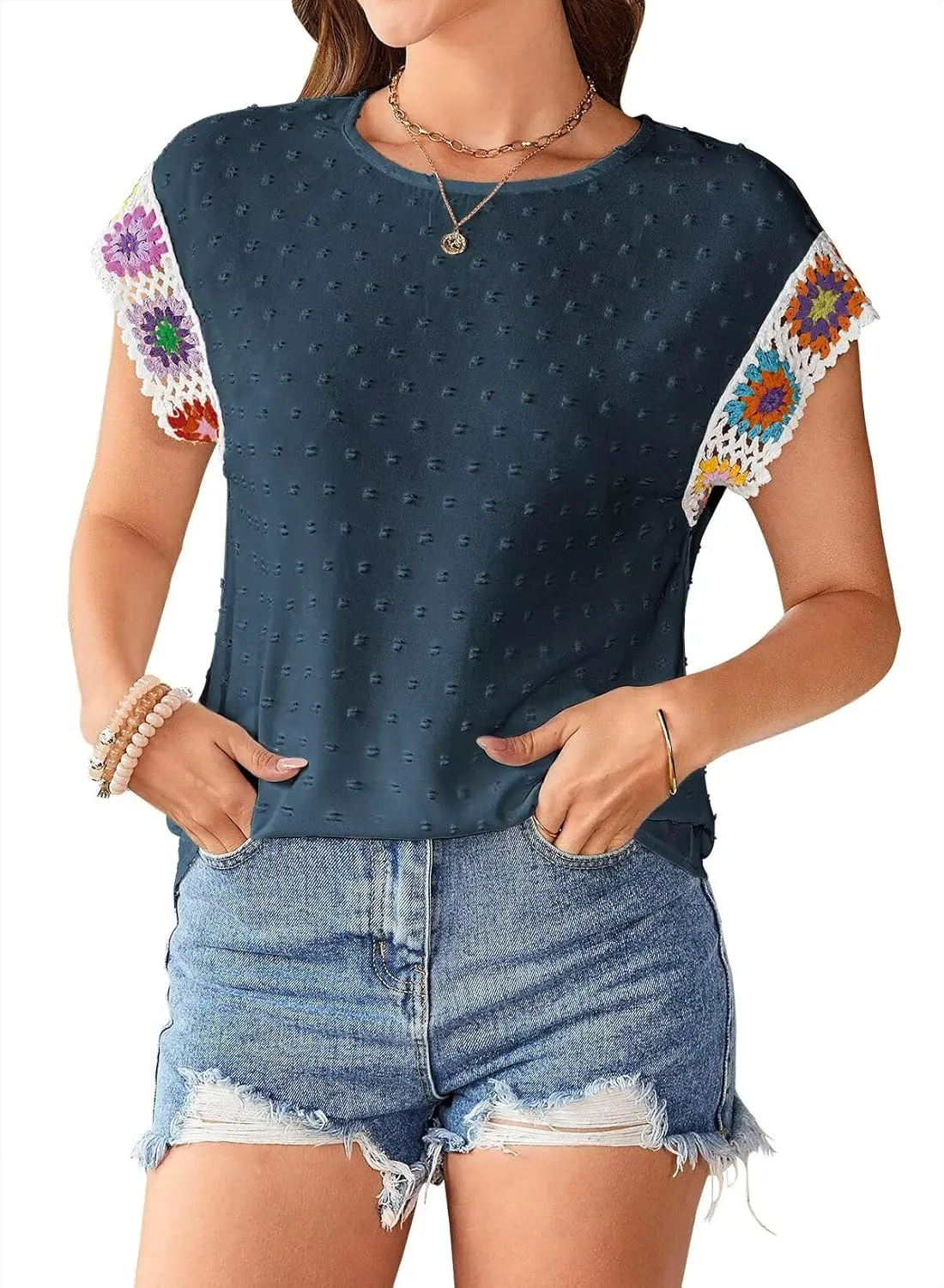 Womens Summer Tops 2025 Boho Tops for Women Color Crew Neck Short Sleeve Casual Blouse