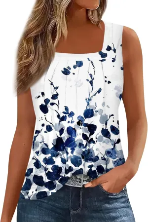 Womens Summer Tops Plus Size Sleeveless Causal Printed Square Neck Comfort Pleated Tank Tops for Women