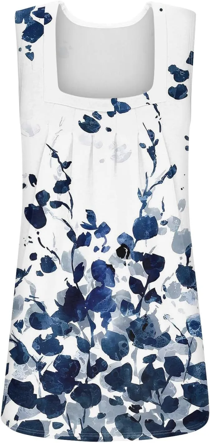 Womens Summer Tops Plus Size Sleeveless Causal Printed Square Neck Comfort Pleated Tank Tops for Women