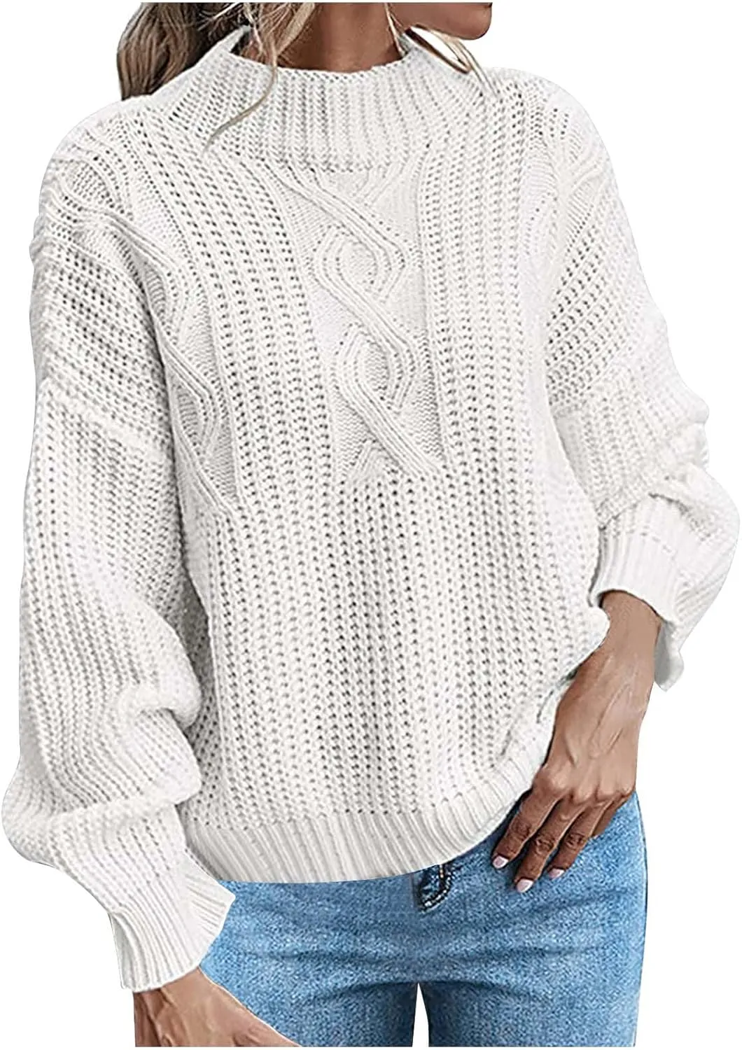 Womens Sweaters Crewneck Long Sleeve Jumper Tops Cozy Chunky Cable Knit Sweaters Slouchy Oversized Pullover Sweaters