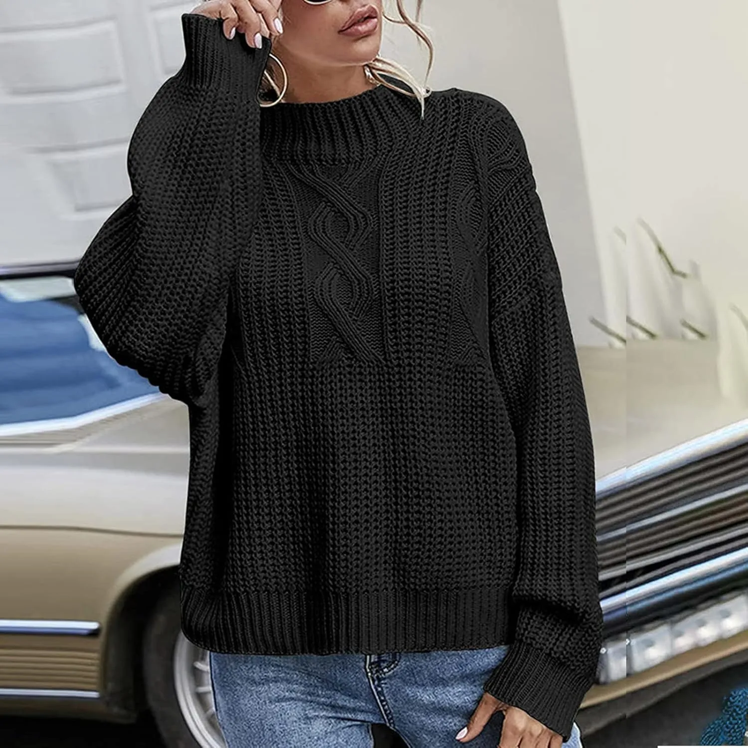 Womens Sweaters Crewneck Long Sleeve Jumper Tops Cozy Chunky Cable Knit Sweaters Slouchy Oversized Pullover Sweaters