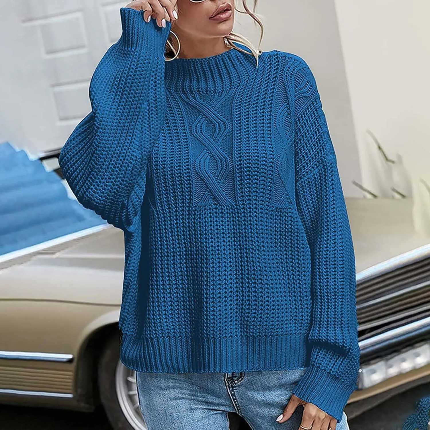Womens Sweaters Crewneck Long Sleeve Jumper Tops Cozy Chunky Cable Knit Sweaters Slouchy Oversized Pullover Sweaters