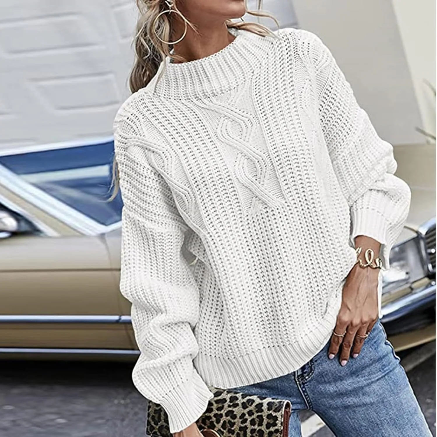 Womens Sweaters Crewneck Long Sleeve Jumper Tops Cozy Chunky Cable Knit Sweaters Slouchy Oversized Pullover Sweaters