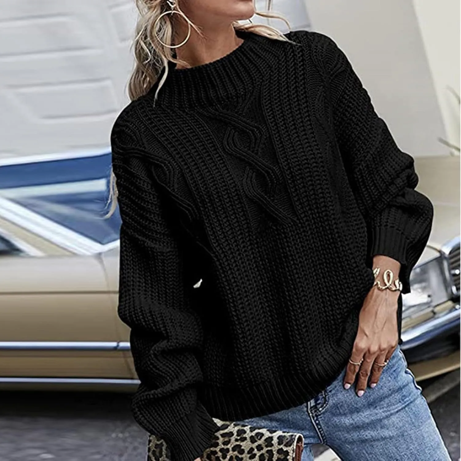 Womens Sweaters Crewneck Long Sleeve Jumper Tops Cozy Chunky Cable Knit Sweaters Slouchy Oversized Pullover Sweaters