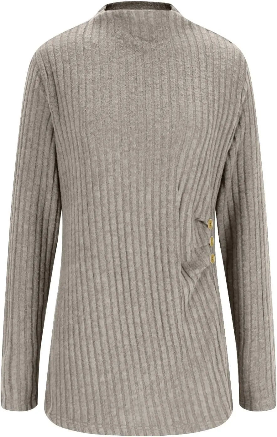 Womens Sweaters Side Button Knit Turtleneck Sweater Slim Fit Long Sleeve Tunic Sweaters Tops Trendy Oversized Sweaters