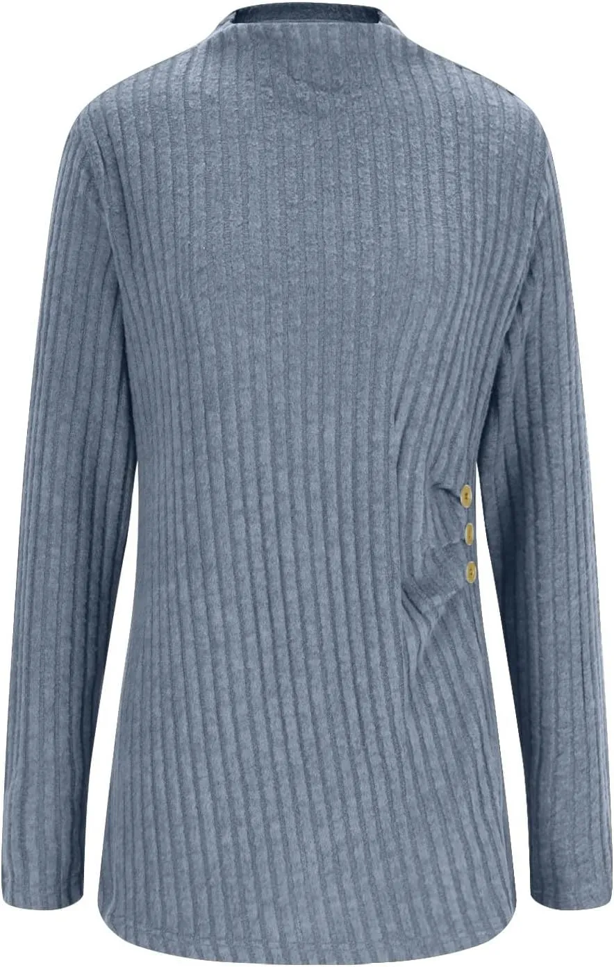 Womens Sweaters Side Button Knit Turtleneck Sweater Slim Fit Long Sleeve Tunic Sweaters Tops Trendy Oversized Sweaters