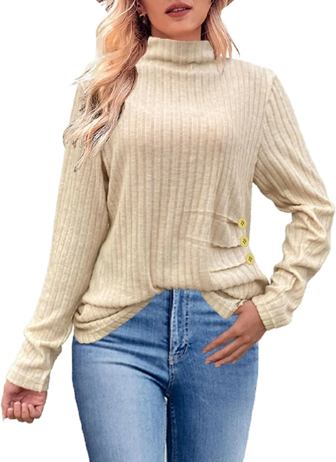 Womens Sweaters Side Button Knit Turtleneck Sweater Slim Fit Long Sleeve Tunic Sweaters Tops Trendy Oversized Sweaters