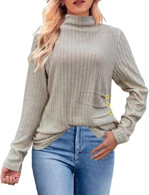 Womens Sweaters Side Button Knit Turtleneck Sweater Slim Fit Long Sleeve Tunic Sweaters Tops Trendy Oversized Sweaters