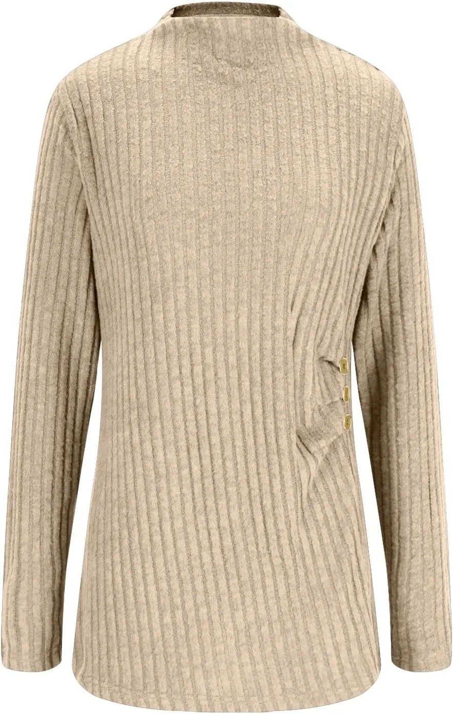 Womens Sweaters Side Button Knit Turtleneck Sweater Slim Fit Long Sleeve Tunic Sweaters Tops Trendy Oversized Sweaters