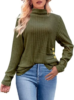 Womens Sweaters Side Button Knit Turtleneck Sweater Slim Fit Long Sleeve Tunic Sweaters Tops Trendy Oversized Sweaters