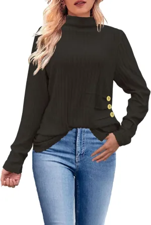 Womens Sweaters Side Button Knit Turtleneck Sweater Slim Fit Long Sleeve Tunic Sweaters Tops Trendy Oversized Sweaters