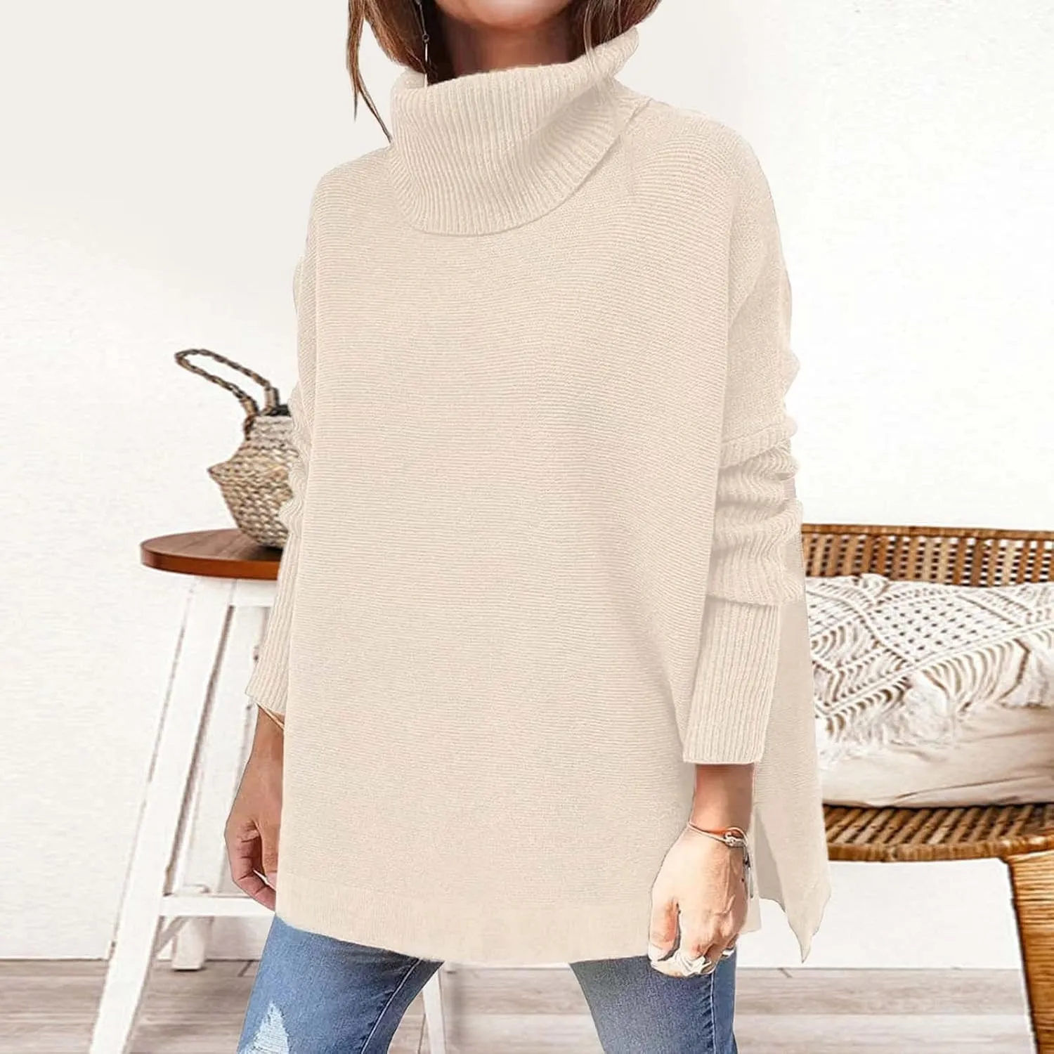 Womens Sweaters Turtleneck Batwing Sleeve Loose Oversized Sweaters Chunky Knitted Pullover Sweaters for Women