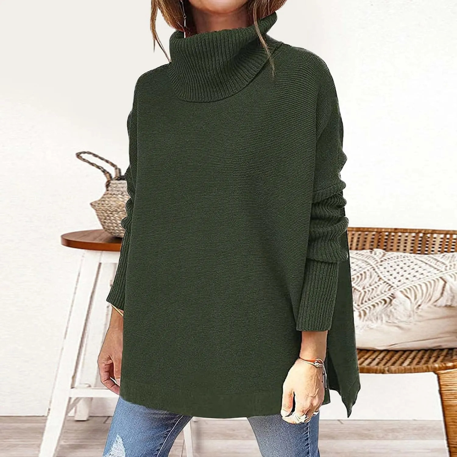 Womens Sweaters Turtleneck Batwing Sleeve Loose Oversized Sweaters Chunky Knitted Pullover Sweaters for Women