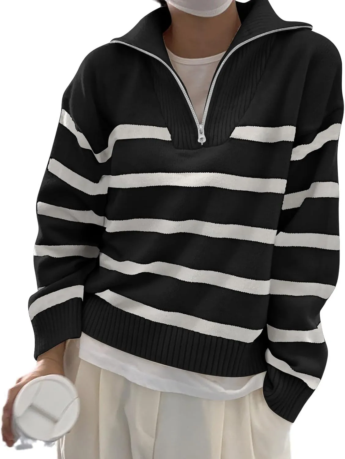 Women's Sweaters V Neck 1/4 Zip Sweaters Casual Striped Long Sleeve Pullover 2024 Fall Winter Ribbed Knit Sweaters