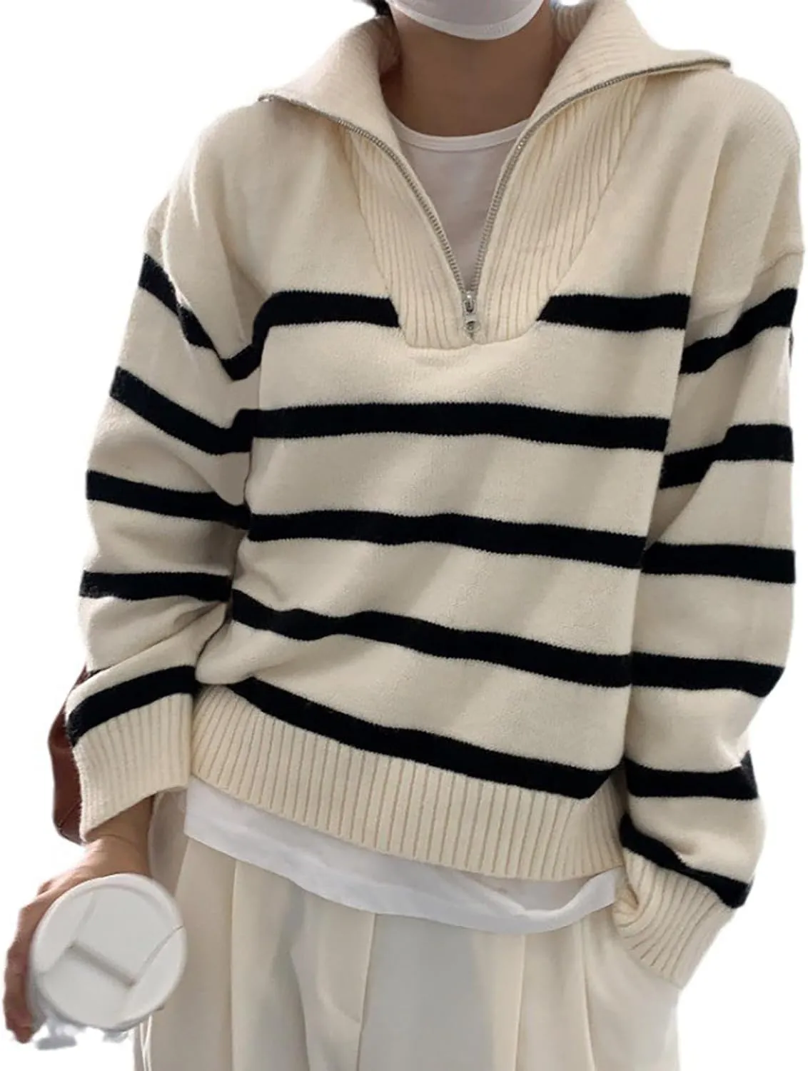 Women's Sweaters V Neck 1/4 Zip Sweaters Casual Striped Long Sleeve Pullover 2024 Fall Winter Ribbed Knit Sweaters