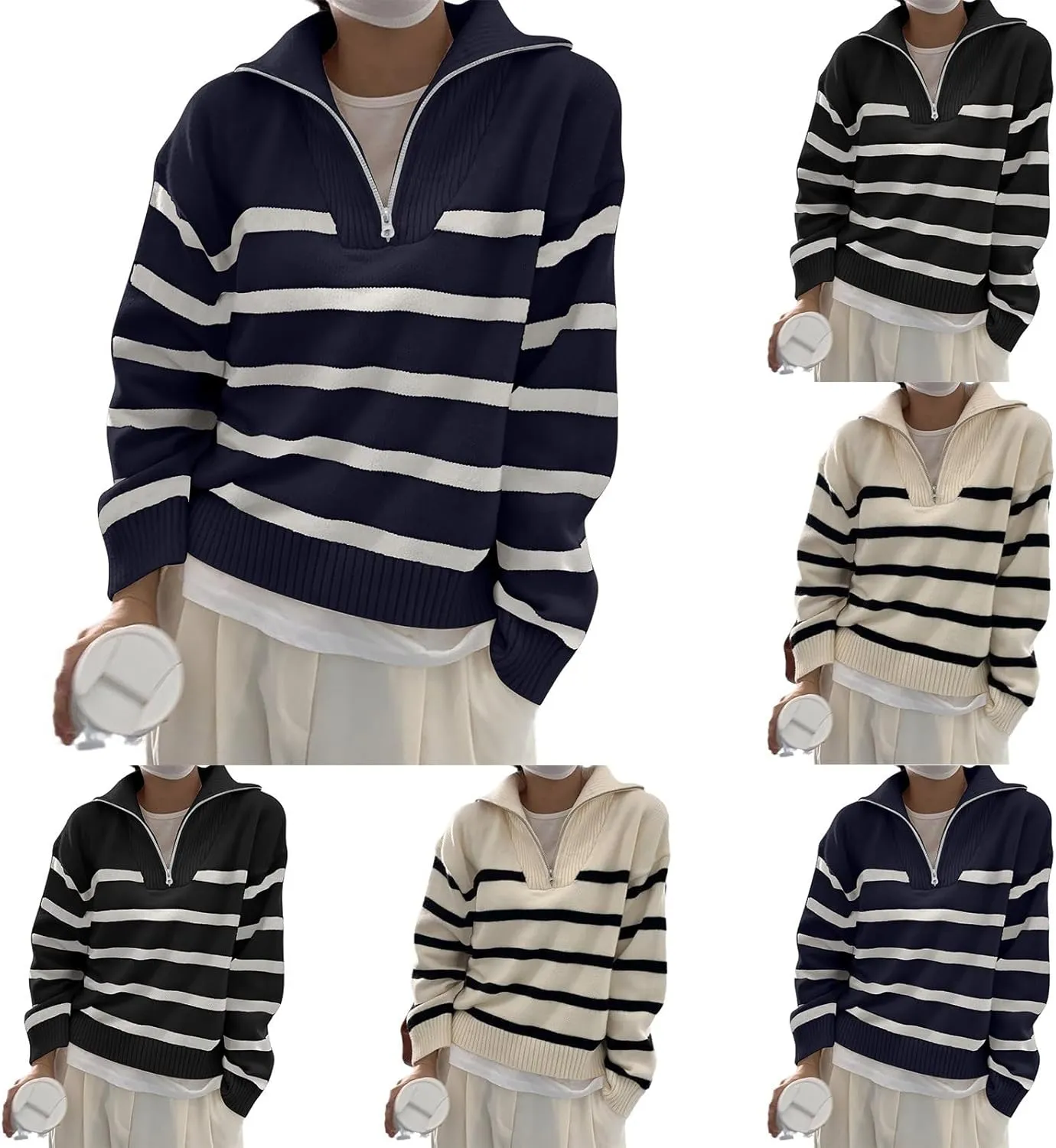 Women's Sweaters V Neck 1/4 Zip Sweaters Casual Striped Long Sleeve Pullover 2024 Fall Winter Ribbed Knit Sweaters