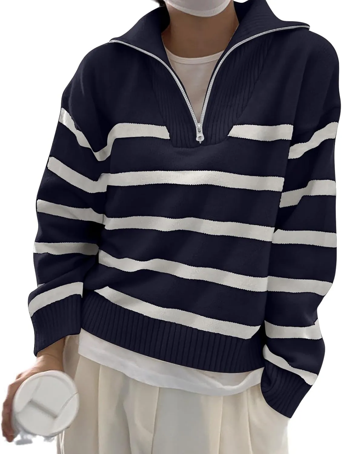 Women's Sweaters V Neck 1/4 Zip Sweaters Casual Striped Long Sleeve Pullover 2024 Fall Winter Ribbed Knit Sweaters
