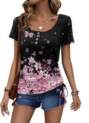 Womens Tops Short Sleeve Summer Henley Shirts Scoop Neck Ruched Blouses Dressy Casual Tunic Tops