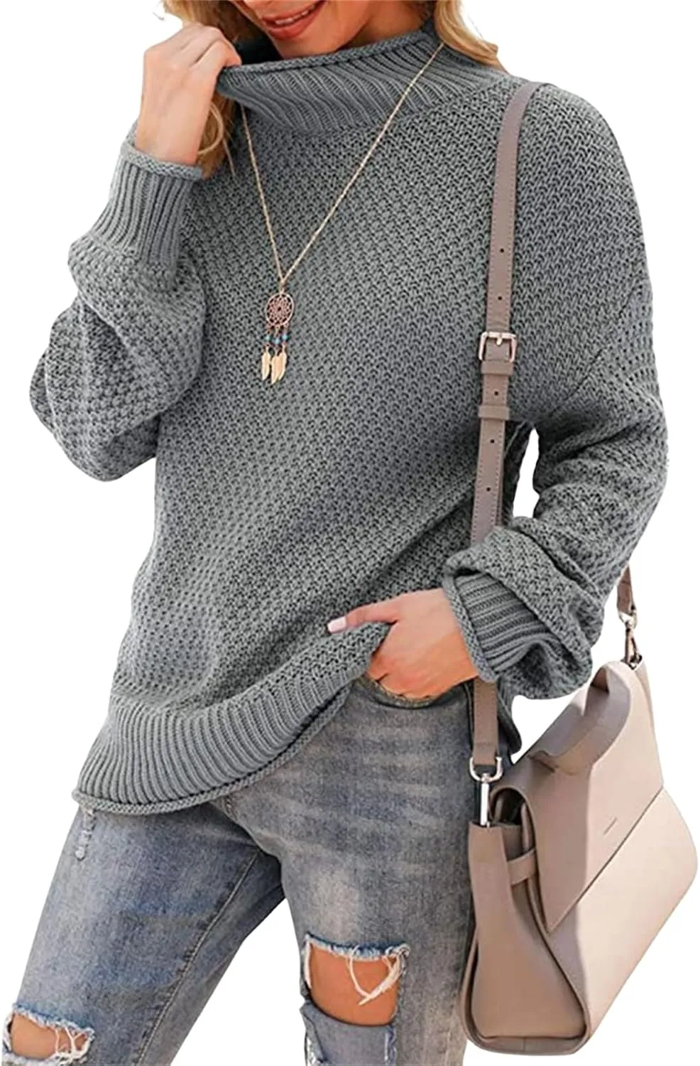 Women's Turtleneck Oversized Sweaters Batwing Long Sleeve Loose Chunky Knit Pullovers