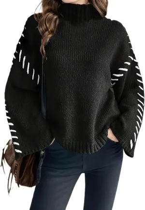 Women's Turtleneck Oversized Sweaters Long Bell Sleeve Casual Women Sweaters