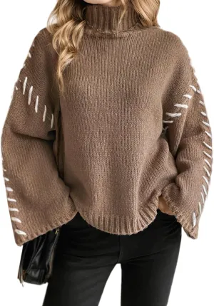 Women's Turtleneck Oversized Sweaters Long Bell Sleeve Casual Women Sweaters