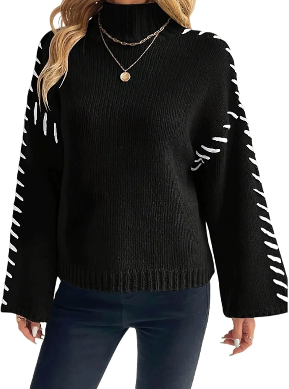 Women's Turtleneck Oversized Sweaters Long Bell Sleeve Casual Women Sweaters