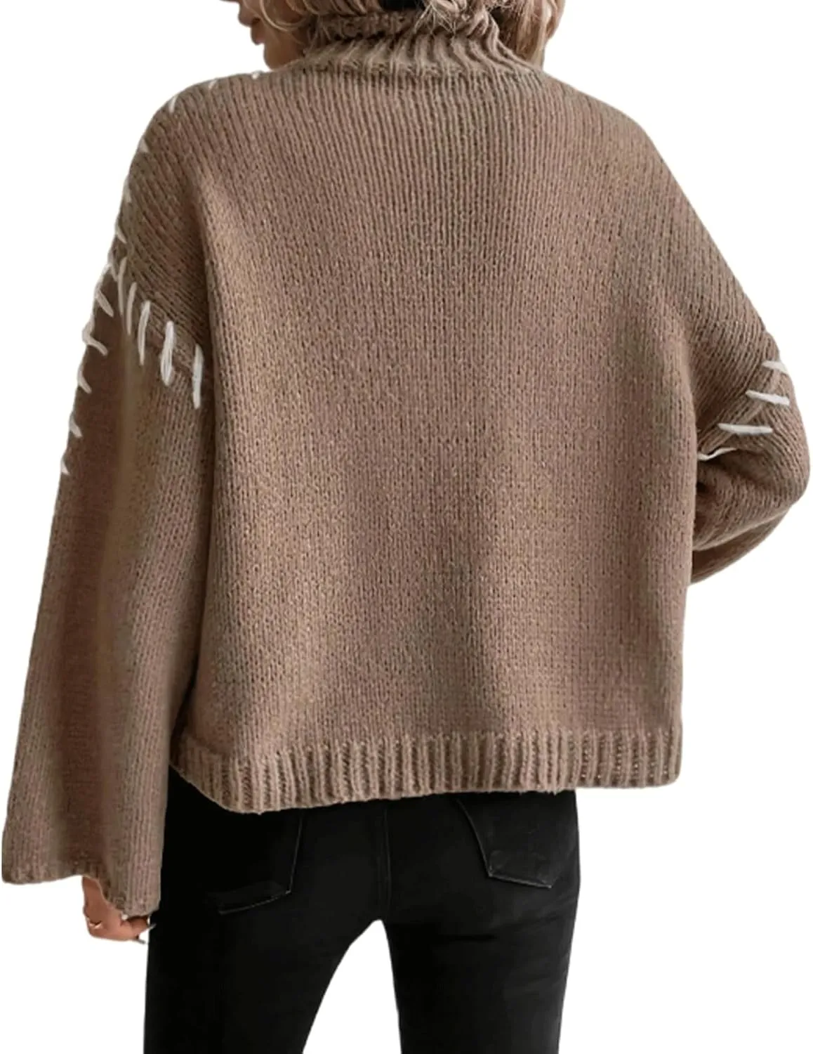 Women's Turtleneck Oversized Sweaters Long Bell Sleeve Casual Women Sweaters