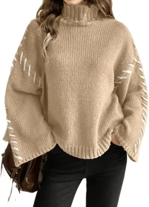 Women's Turtleneck Oversized Sweaters Long Bell Sleeve Casual Women Sweaters