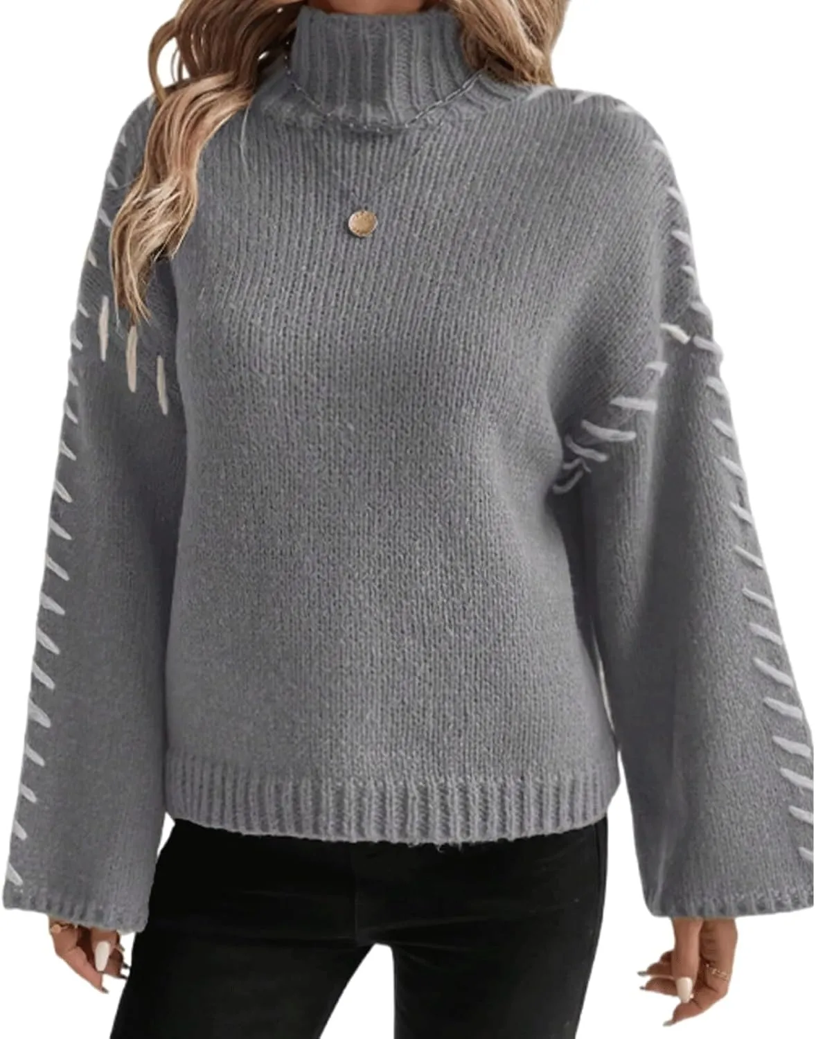 Women's Turtleneck Oversized Sweaters Long Bell Sleeve Casual Women Sweaters