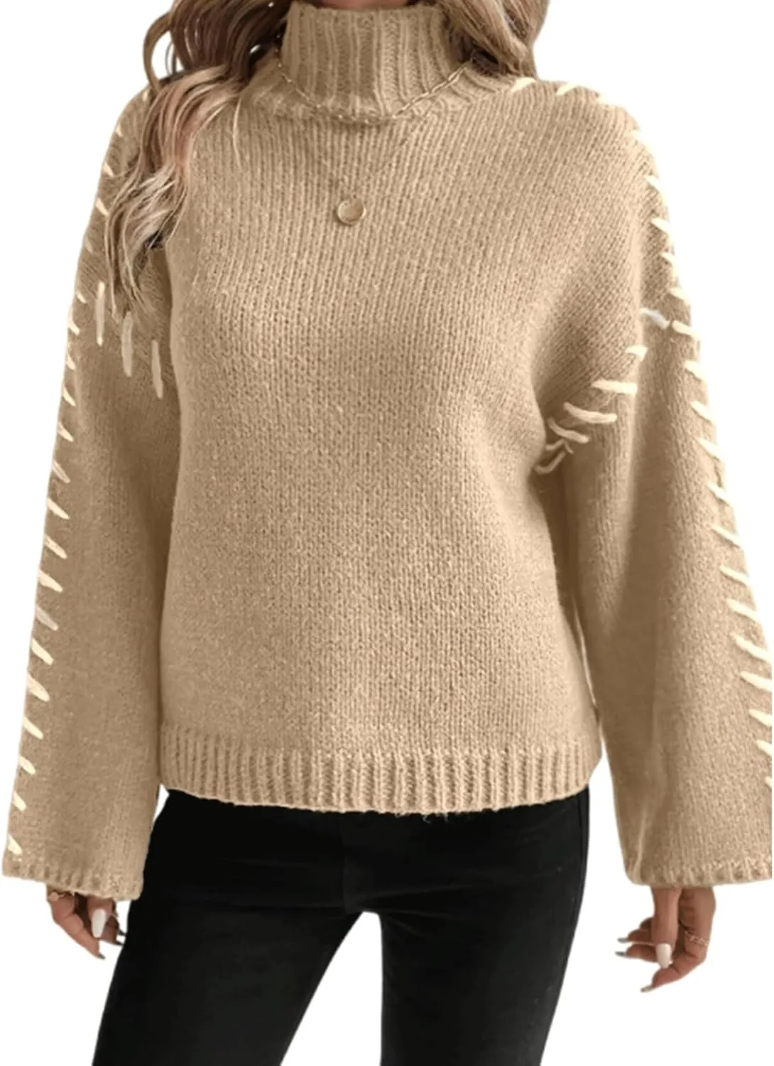 Women's Turtleneck Oversized Sweaters Long Bell Sleeve Casual Women Sweaters