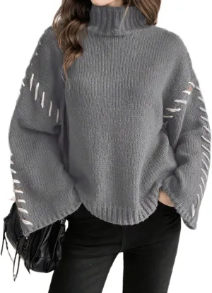 Women's Turtleneck Oversized Sweaters Long Bell Sleeve Casual Women Sweaters