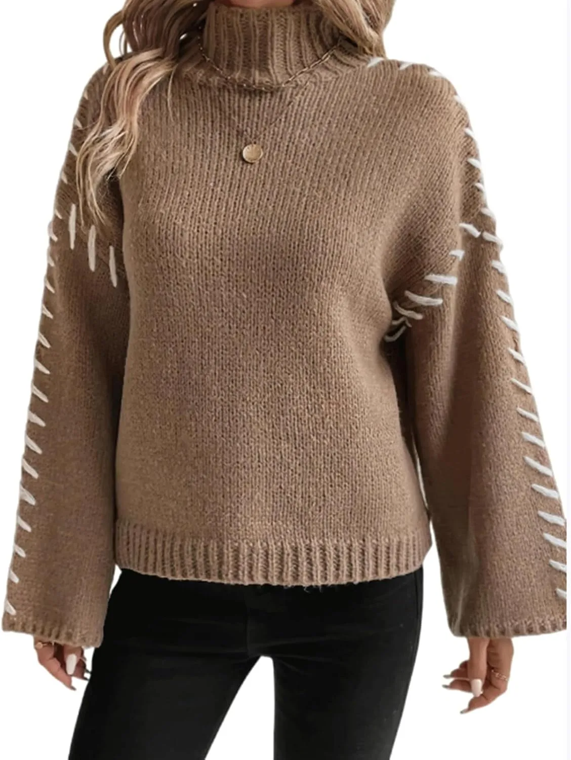 Women's Turtleneck Oversized Sweaters Long Bell Sleeve Casual Women Sweaters