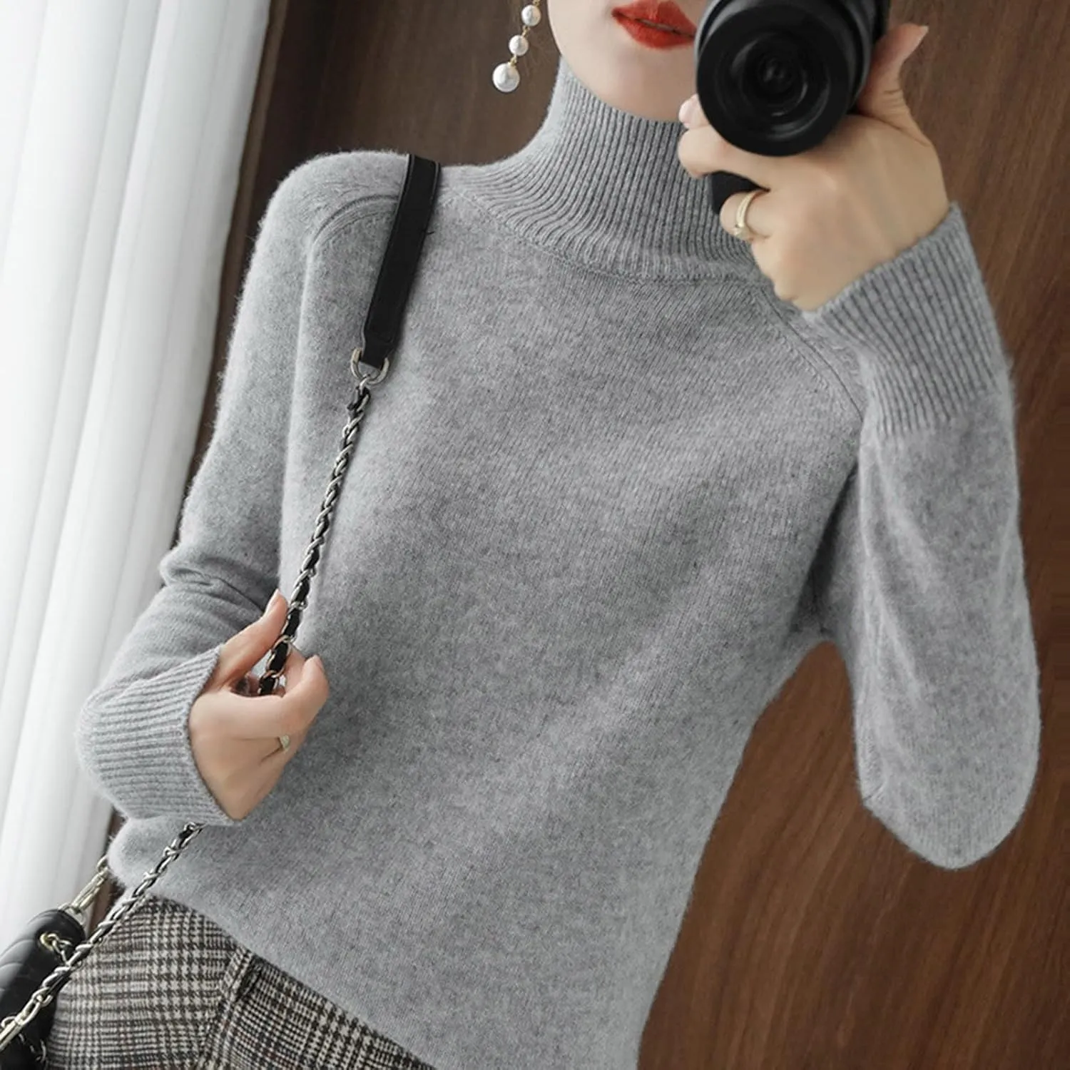 Womens Turtleneck Ribbed Knit Sweater Fall Warm Lightweight Trendy Jumpers Long Sleeve Loose Fit Casual Pullover Tops