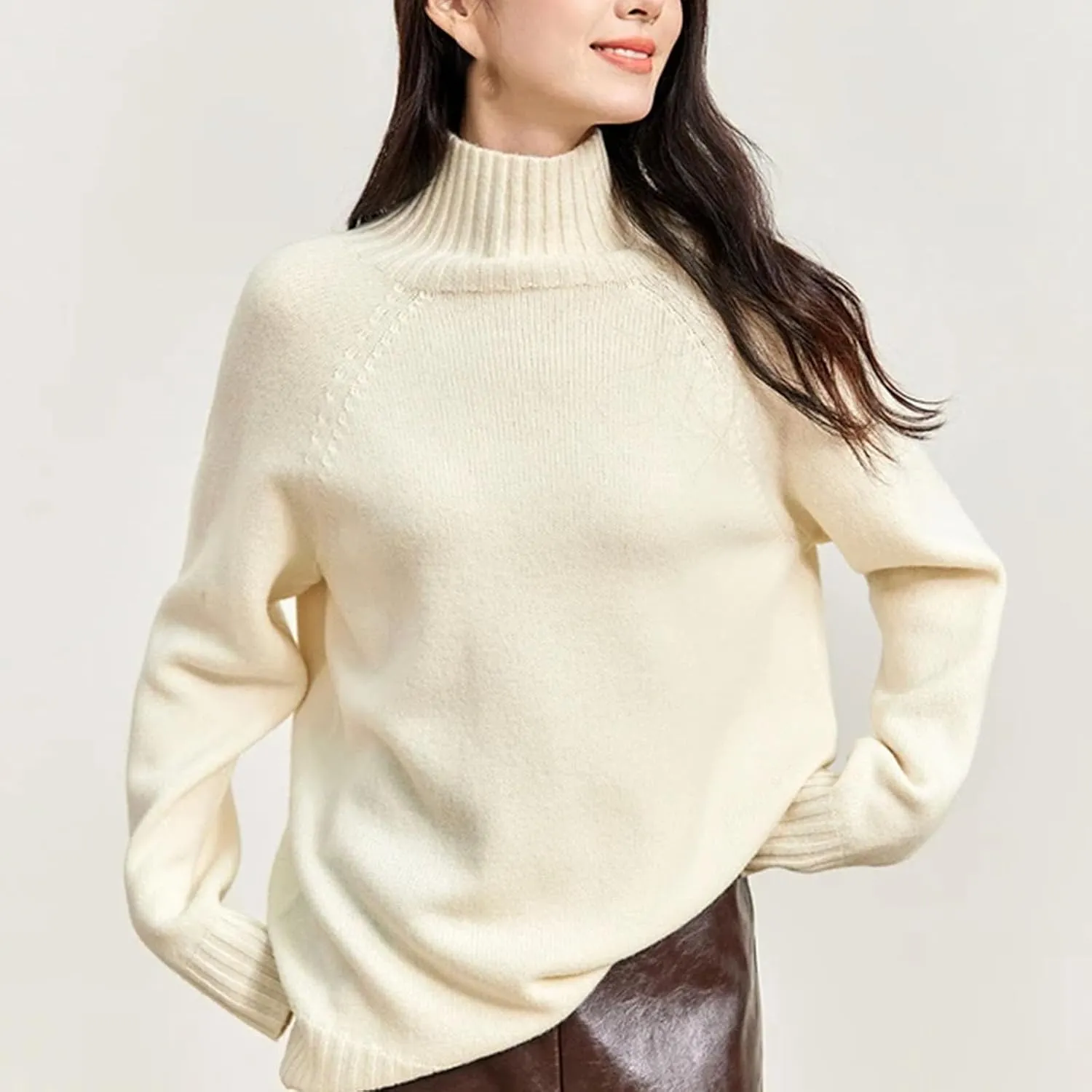 Women's Turtleneck Sweater 100percent Wool Knit Pullovers Oversized Long Sleeve Warm Jumper Tops