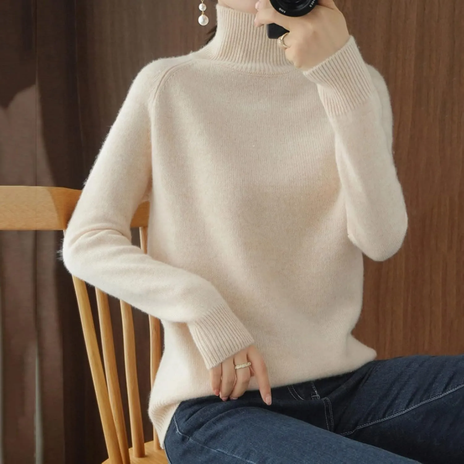 Womens Turtleneck Sweaters Oversized Sweaters Ribbed Knitted Sweater Fall Pullover Sweater Y2K Sweaters Jumper Tops