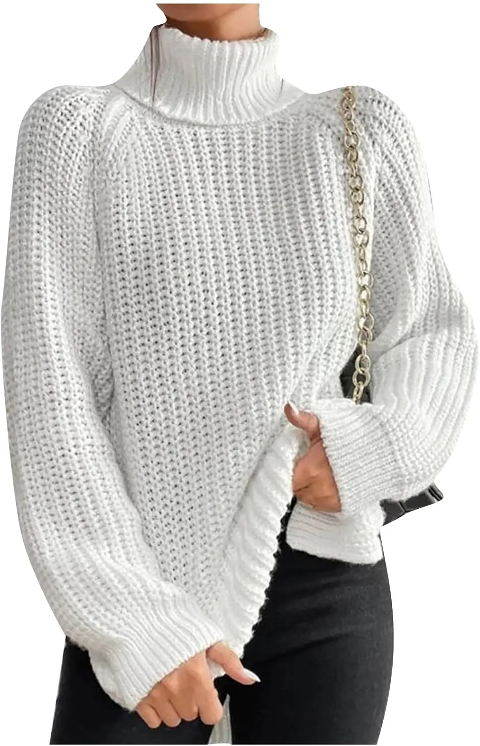 Women's Turtleneck Sweaters Oversized Tops Side Slit High Low Hem Pullover Ribbed Sweaters Cozy Jumper Tops S-3XL White