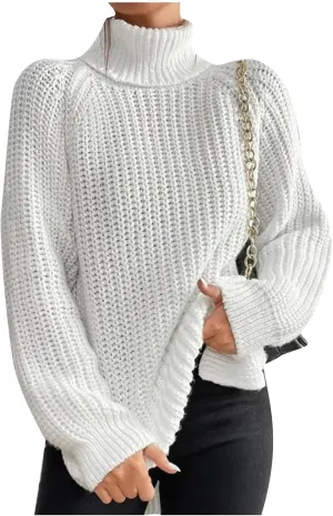 Women's Turtleneck Sweaters Oversized Tops Side Slit High Low Hem Pullover Ribbed Sweaters Cozy Jumper Tops S-3XL White