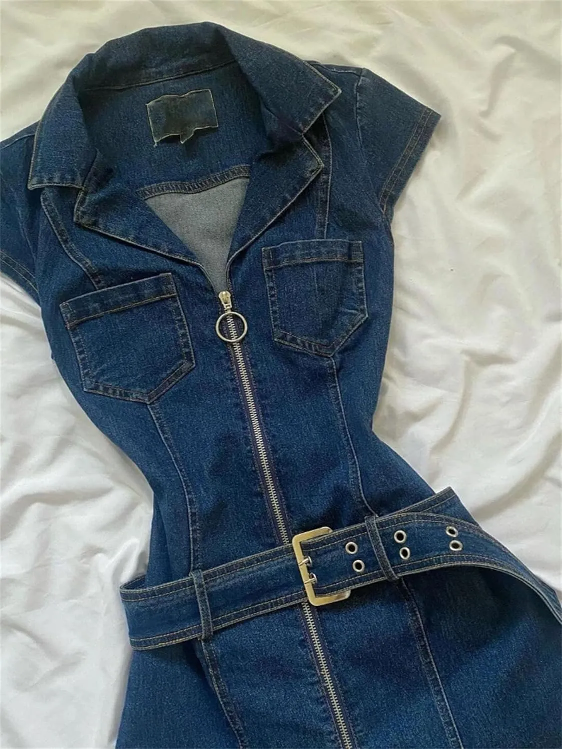 Women's Zipper Front Denim Midi Dresses American Vintage Belted Denim Dresses