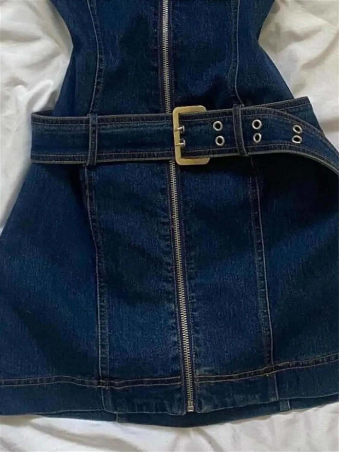 Women's Zipper Front Denim Midi Dresses American Vintage Belted Denim Dresses