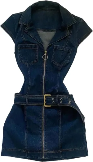 Women's Zipper Front Denim Midi Dresses American Vintage Belted Denim Dresses