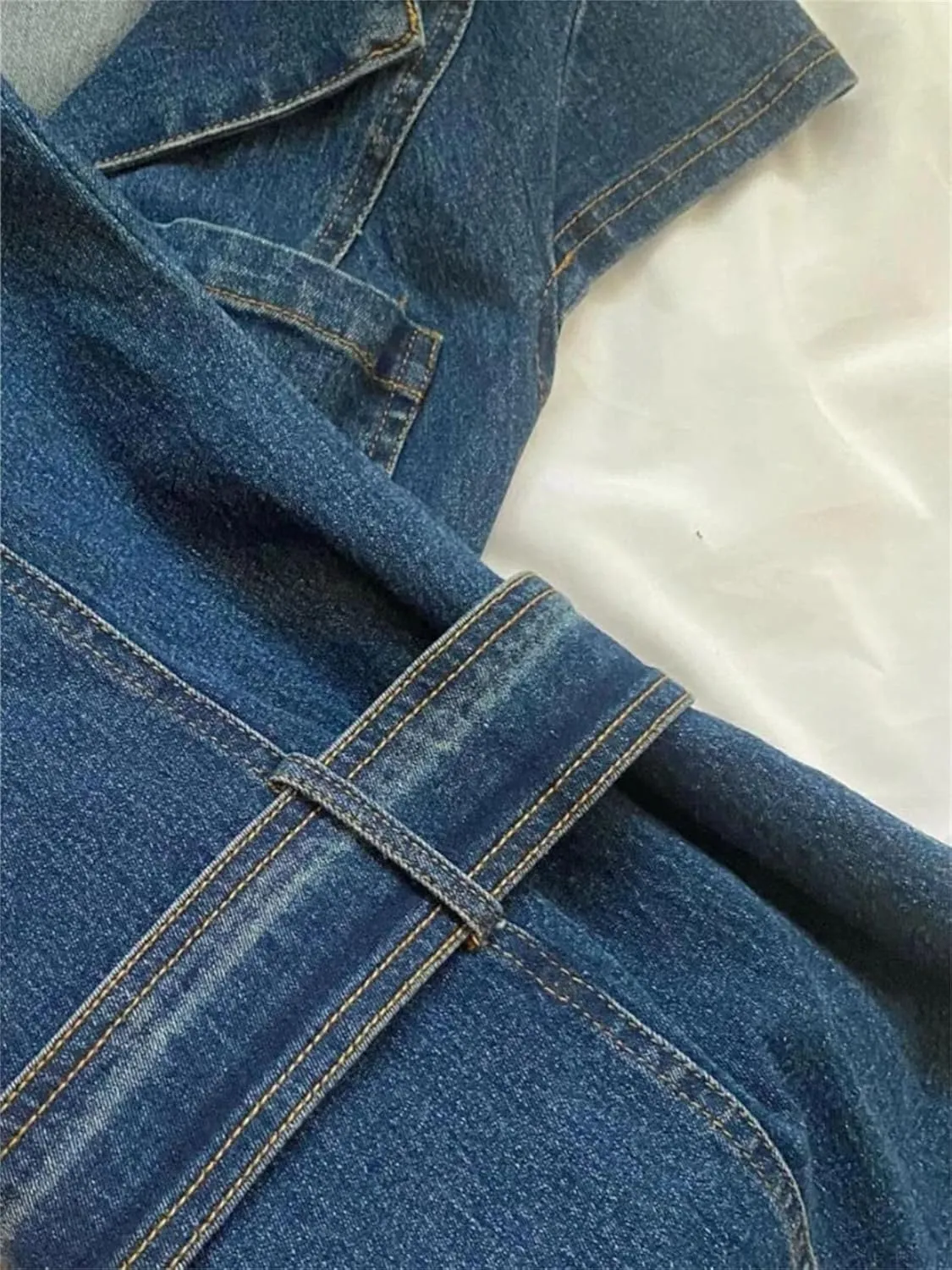 Women's Zipper Front Denim Midi Dresses American Vintage Belted Denim Dresses