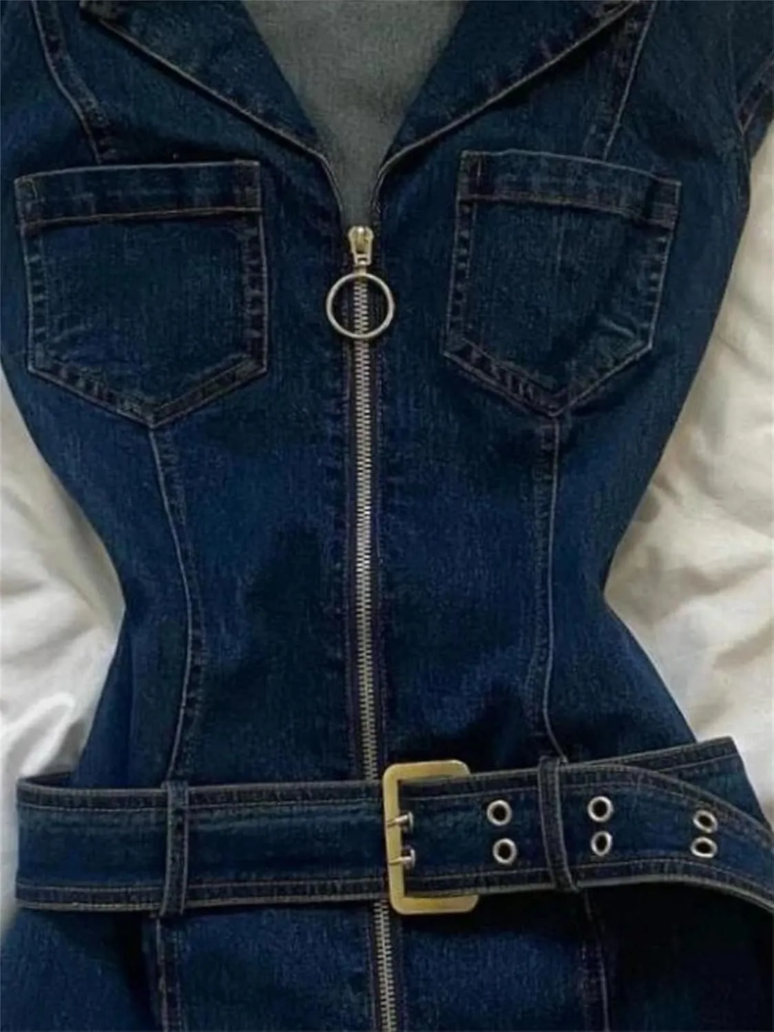 Women's Zipper Front Denim Midi Dresses American Vintage Belted Denim Dresses