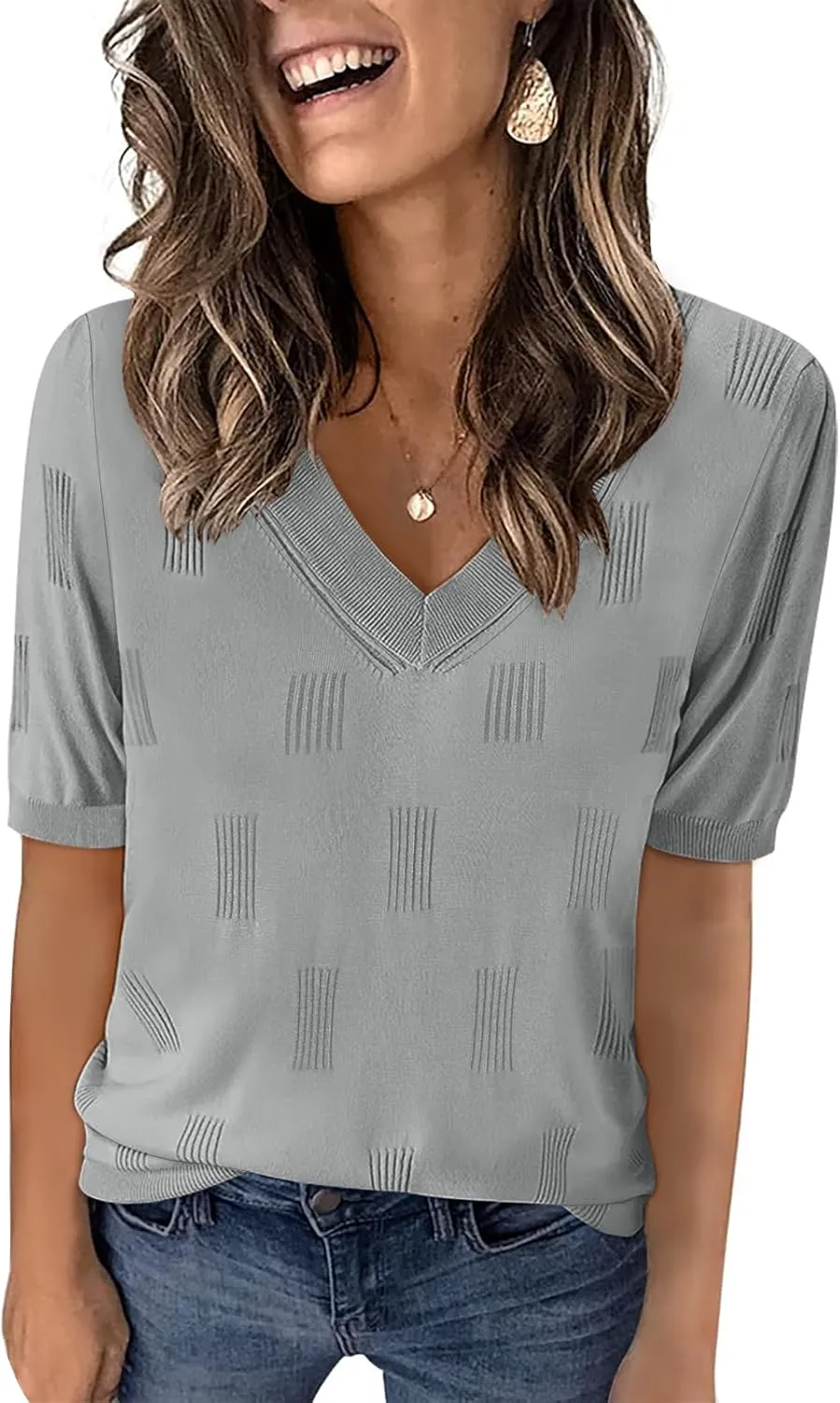 Yincro Womens Short Sleeve Sweaters Fall Summer Tops V Neck Lightweight Knit Pullovers