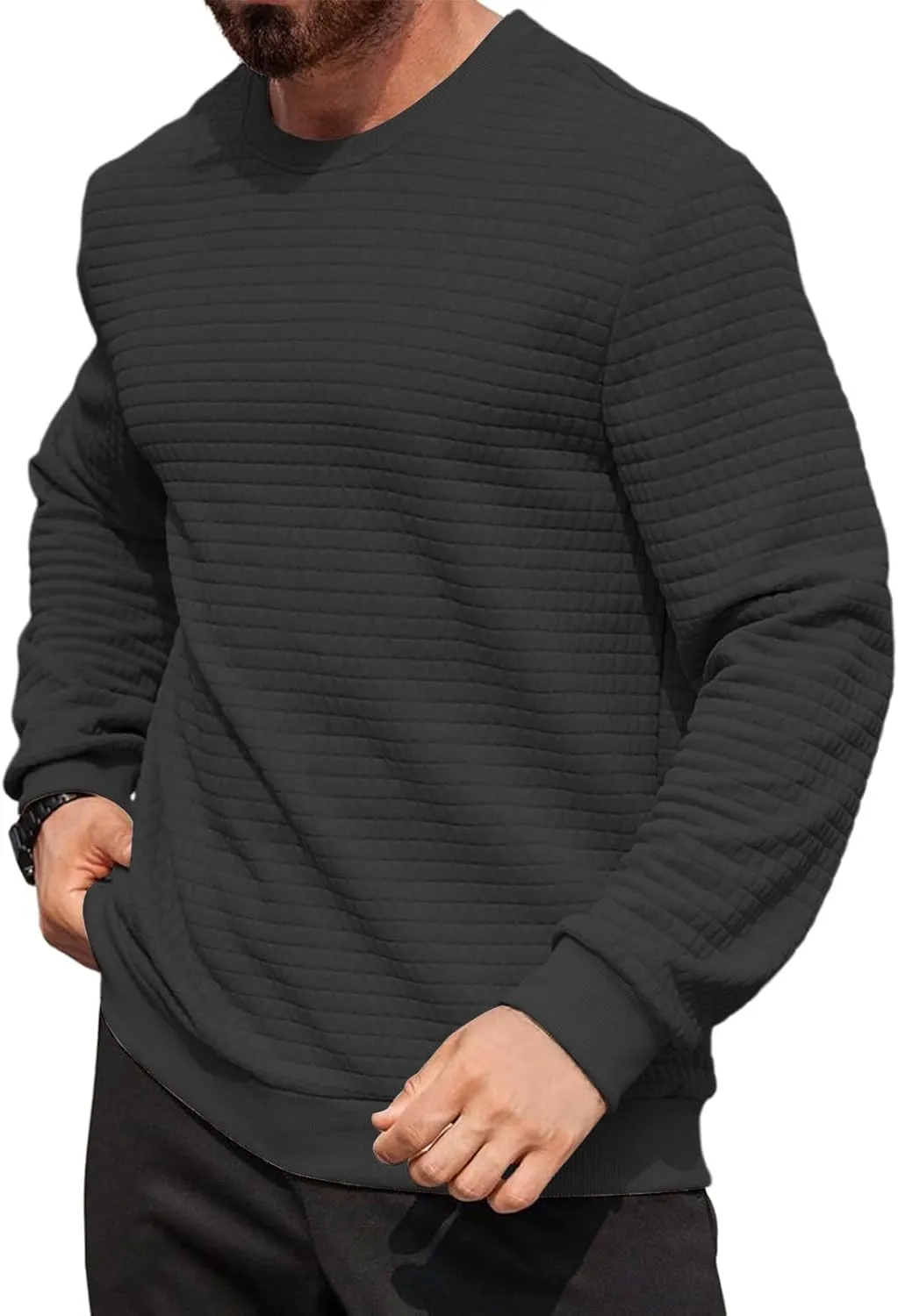 Ymosrh Mens Athletic Sweatshirts Pullover Plaid Jacquard Long Sleeve Solid Color Casual Workout Sweat Shirts
