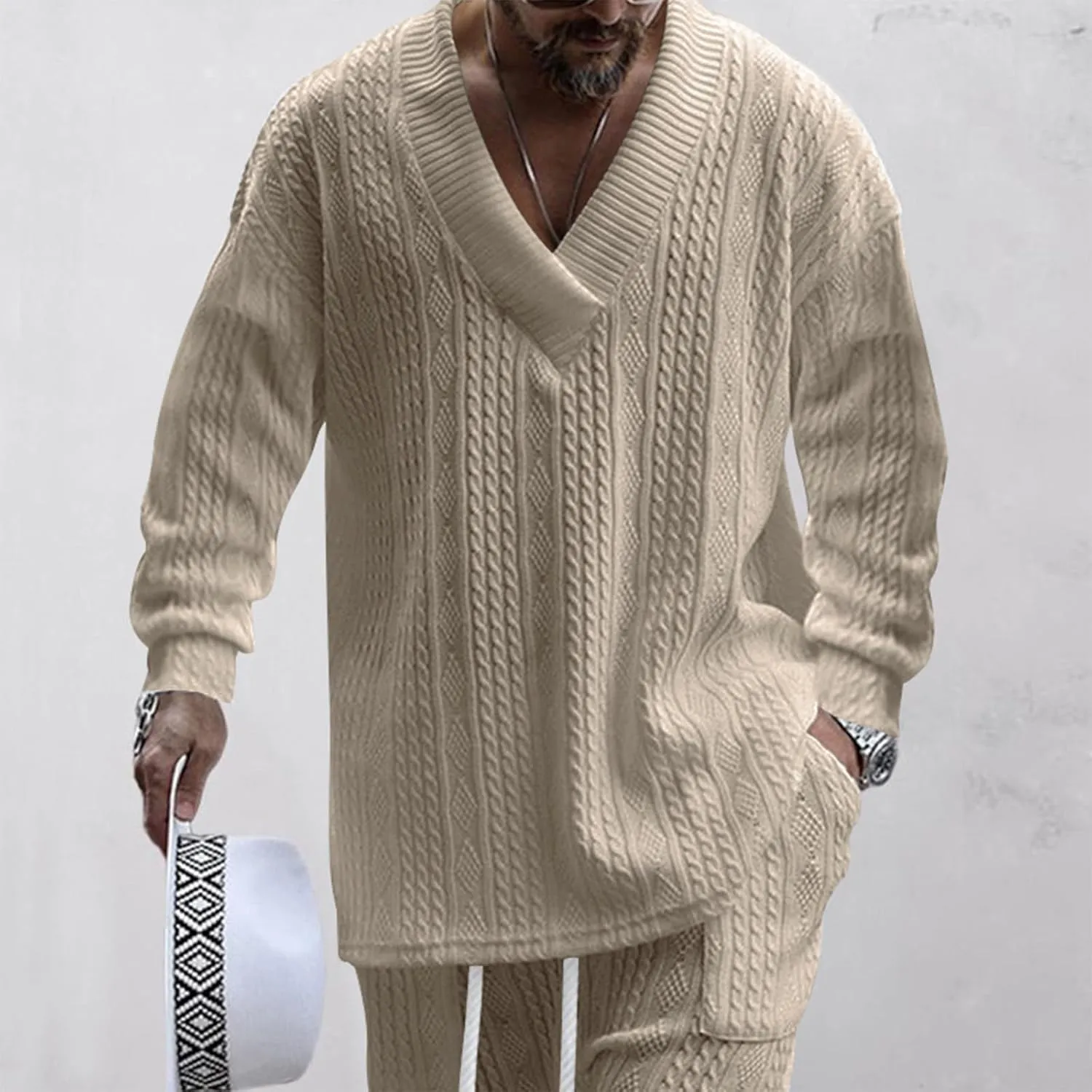 Ymosrh Mens Fashion Sweaters V Neck Knitted Dress Sweater Twist Textured Long Sleeve Loose Winter Pullover Sweaters