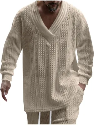Ymosrh Mens Fashion Sweaters V Neck Knitted Dress Sweater Twist Textured Long Sleeve Loose Winter Pullover Sweaters