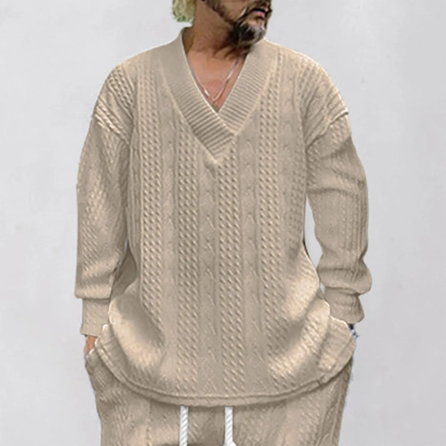 Ymosrh Mens Fashion Sweaters V Neck Knitted Dress Sweater Twist Textured Long Sleeve Loose Winter Pullover Sweaters