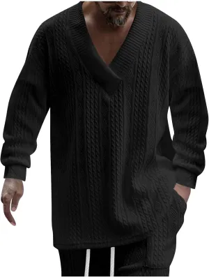 Ymosrh Mens Fashion Sweaters V Neck Knitted Dress Sweater Twist Textured Long Sleeve Loose Winter Pullover Sweaters
