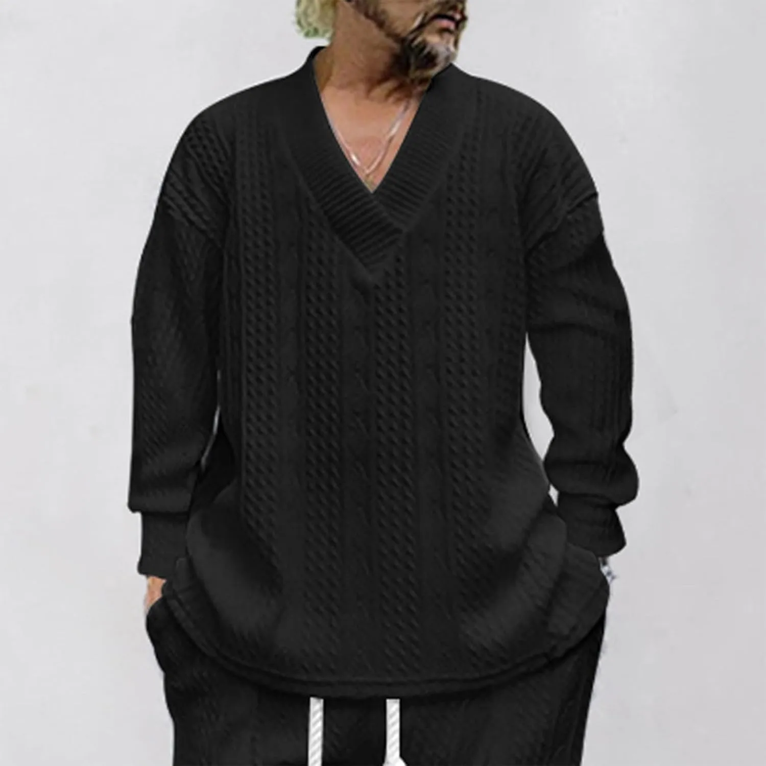 Ymosrh Mens Fashion Sweaters V Neck Knitted Dress Sweater Twist Textured Long Sleeve Loose Winter Pullover Sweaters
